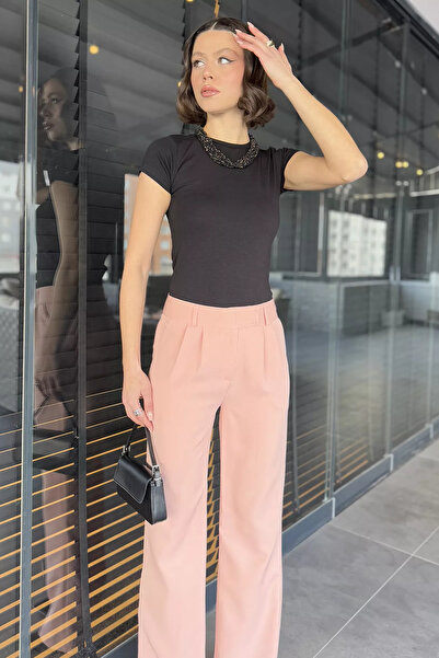 GÜLSELİ Powder Waist Velcro Wide Leg Women's Fabric Trousers