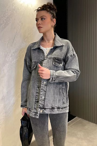 GÜLSELİ Anthracite Women's Oversize Jean Denim Jacket