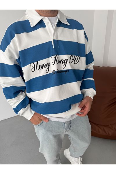 BYBASICMAN Blue Striped Hong Kong Embroidered Sweat Jj-102