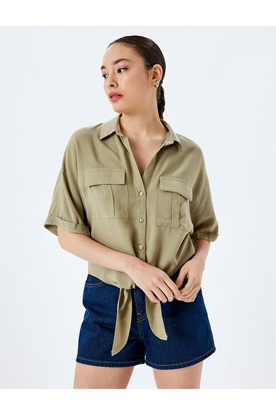 Koton Viscose Short Sleeve Crop Oversize Shirt with Binding Detail