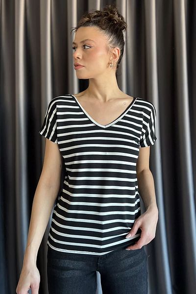 GÜLSELİ Black and White Front Back V-Neck Women's T-Shirt