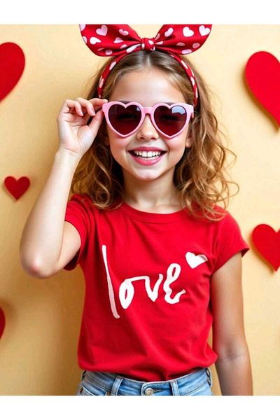 FAVORİST Love Girl's Summer Crew Neck Cotton T-Shirt