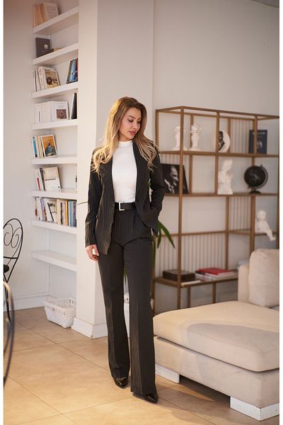 Rabia Çelik Women's Anthracite Striped High Waist Pants Single Button Blazer Jacket 2Li Suit