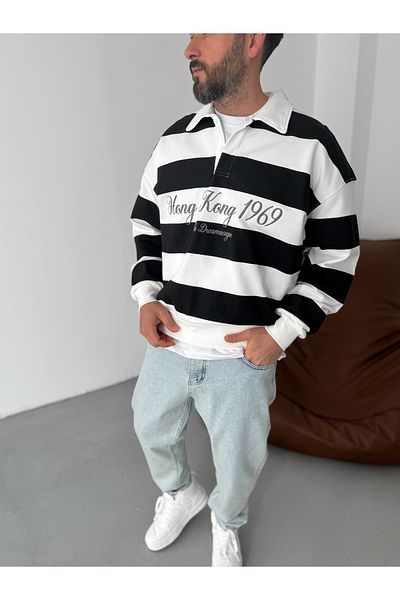 BYBASICMAN Black Striped Hong Kong Embroidered Sweat Jj-102