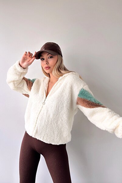 MAMAYAGA Γυναικείο πολύχρωμο γαρνιρισμένο μανίκι Λεπτομέρεια βελούδινο με φερμουάρ Άνετη εφαρμογή Αθλητικό κομψό πλεκτό μπουφάν με κουκούλα