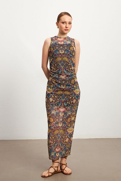 MODAGEN Ethnic Floral μοτίβο με επένδυση Ειδικού Σχεδίου Αμάνικο Φόρεμα από Τούλι