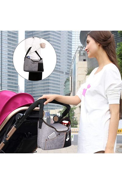 Yelajoy حقيبة كتف لعربة الأطفال، سعة كبيرة، 2 حامل مشروبات و3 جيوب لتخزين الحفاضات