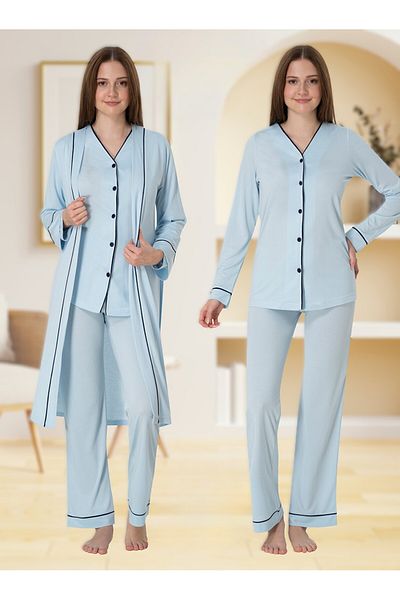 Pelin Set de pijamale de maternitate pentru femei, albastru, cu nasturi în față, cu mâneci lungi, 3 piese