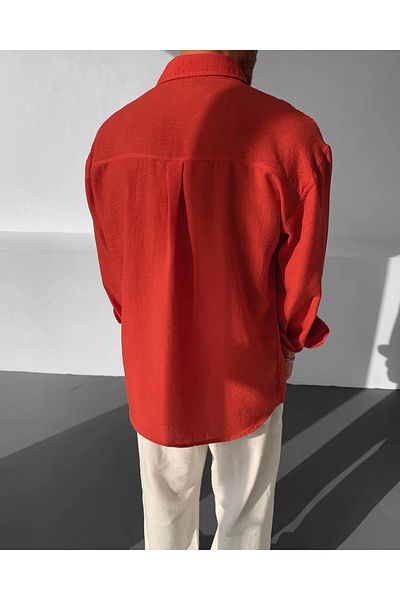 NO1 KONSEPT Red Linen Long Sleeve Oversize Shirt