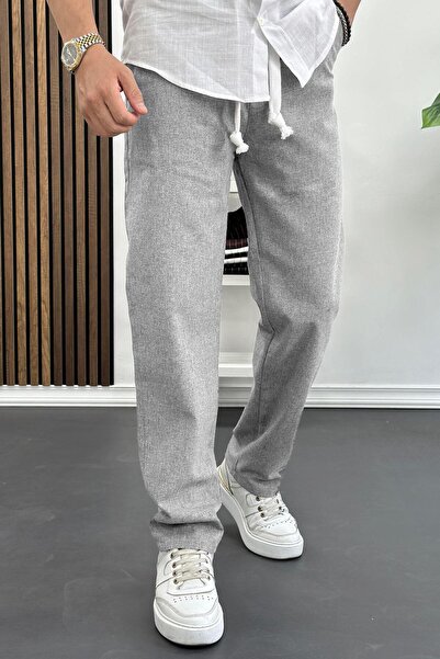 Edwox Men's Relaxed Fit Linen Trousers Gray Edw138