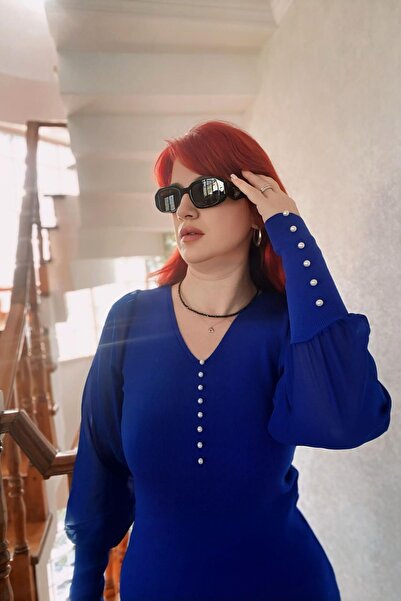 Derya butik Mavi Kolu Tül Detaylı Düğmeli Bluz