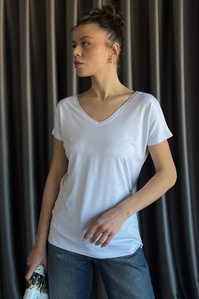 GÜLSELİ Λευκό μπλουζάκι με λαιμόκοψη V μπροστά πίσω για γυναίκες