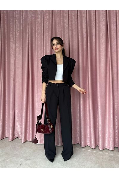 Rabia Çelik Women's Black Sleeves Gathered Jacket Pants Suit