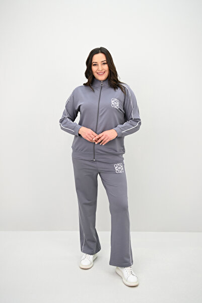 Koza Butik Women's Plus Size Zippered Two Thread Embroidery Detailed Tracksuit Set 8152-25-1
