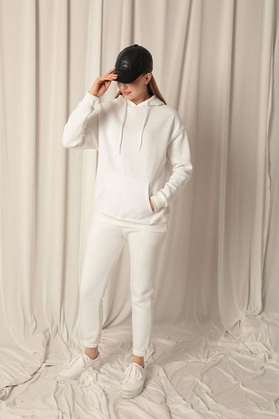 Znd Fashion Three Thread Fabric Kangaroo Pocket Hooded Women's Ecru Sweat