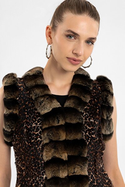 Deriderim Brown Women's Leopard Feather Genuine Leather Vest