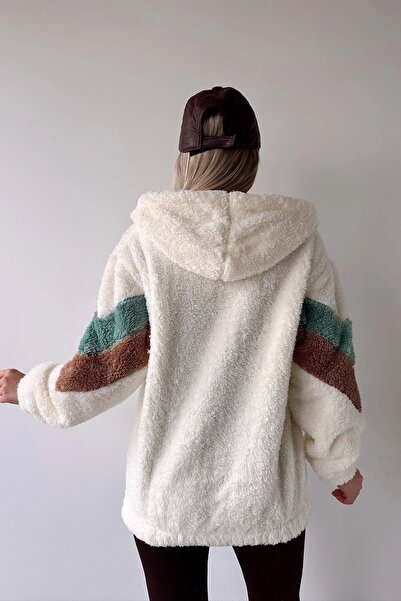 MAMAYAGA Γυναικείο πολύχρωμο γαρνιρισμένο μανίκι Λεπτομέρεια βελούδινο με φερμουάρ Άνετη εφαρμογή Αθλητικό κομψό πλεκτό μπουφάν με κουκούλα