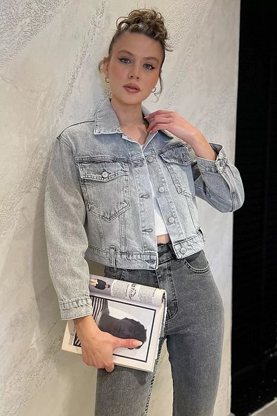 GÜLSELİ Light Gray Women's Slim Fit Jean Denim Jacket