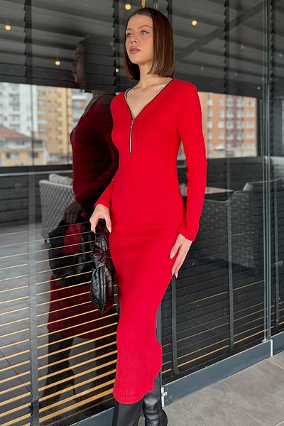 GÜLSELİ Κόκκινο γυναικείο ριγέ φόρεμα με φερμουάρ (ταιριάζει σε μέγεθος s-m-l)