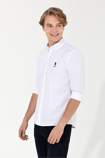 U.S. Polo Assn. ΒΑΣΗ. POLO ASSN. ΑΝΔΡΙΚΟ ΥΦΑΝΤΟ SLIM FIT ΛΕΥΚΟ ΠΟΥΚΑΜΙΣΟ