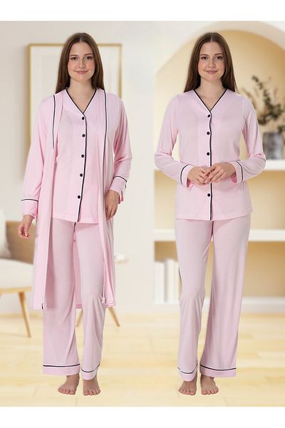 Pelin Women's Powder Front Buttoned Ribbed Maternity Pregnant Dressing Gown 3-Piece Pajama Set