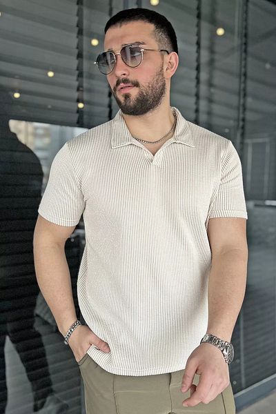 MİSHAR İTALİA Μπλουζάκι από λύκρα με μπεζ ανδρικό γιακά πόλο