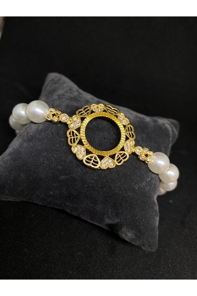 MİRLANTİS AKSESUAR İncili altın kaplama çeyreklik bileklik kalp detaylı