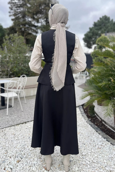 julude Black Women's Belt and Brooch Detailed Vest Skirt Hijab Double Suit