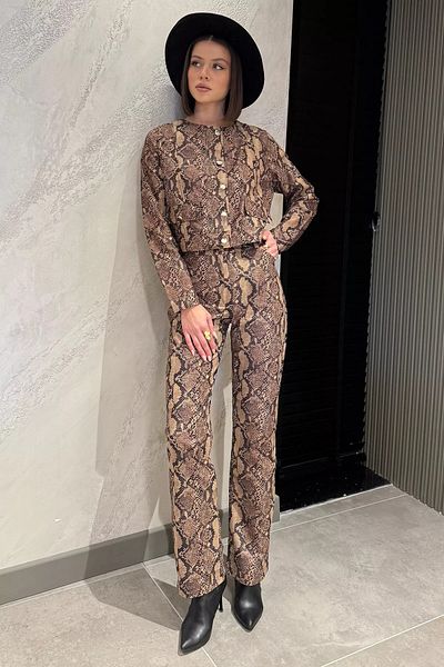 GÜLSELİ Mink Self-Patterned Women's Jacket Pants Double Set