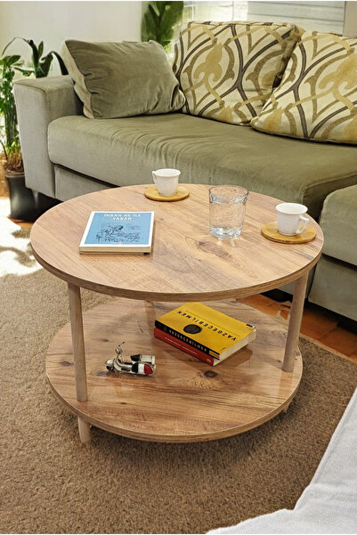 PEKA Yuvarlak Orta Sehpa Ahşap Ayaklı Sehpa Iki Raflı Sehpa Dekoratif Sehpa Gazetelikli - Çam -60cm