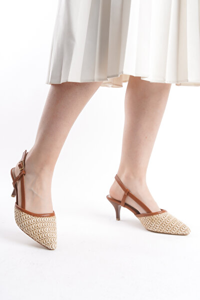 Shoesers Kadın Özel Hasır Tasarım Taba Detaylı İnce Alçak Topuklu Günlük Ayakkabı