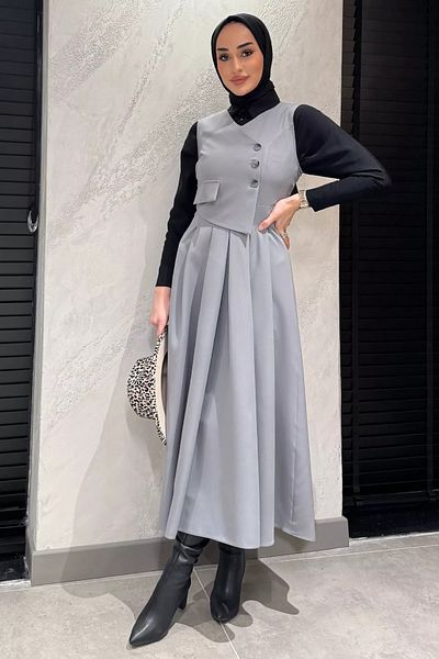 julude Γκρι γυναικείο φόρεμα με κουμπιά με πλισέ Hijab Gilet