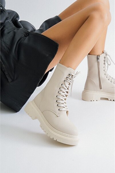 DİVOLYA Bradley Bej Deri Kalın Tabanlı Kadın Günlük Postal