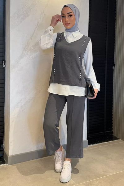 julude Anthracite Pearl Πουκάμισο Πουλόβερ Παντελόνι Hijab Τριπλό Σετ