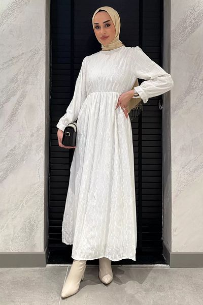 julude Κρεμ γυναικείο φόρεμα με λαιμόκοψη με δεμένο με καρπό Hijab