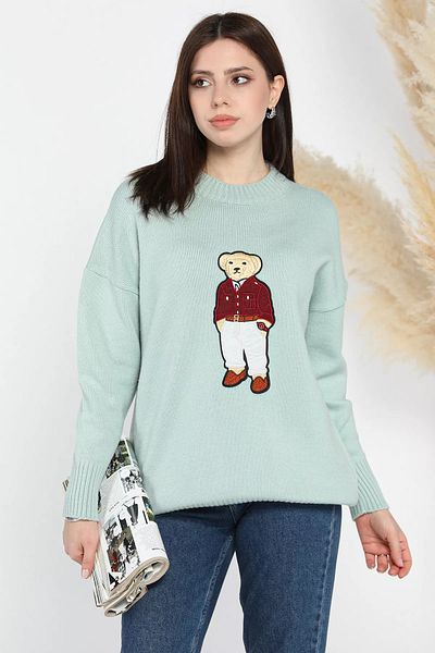 GÜLSELİ Mint Appliqued Bear Women's Knitwear Sweater