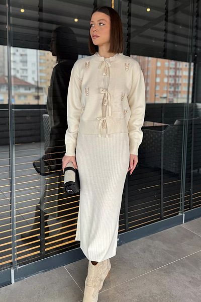 GÜLSELİ Cream Women's Pearl and Stone Embroidered Knitwear Dress Cardigan Double Set