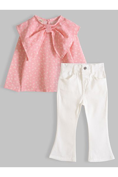 Cotton Trips Woven Bow Shirt Gabardine Trousers Suit 2-7 Years