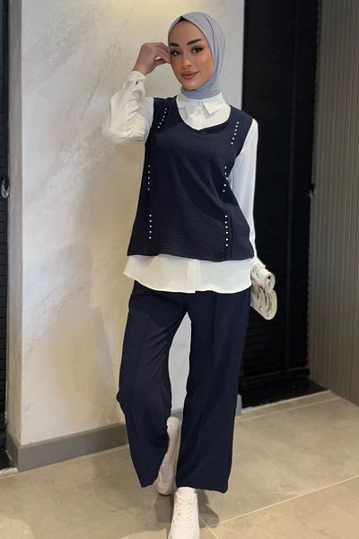julude Navy Blue Pearl Shirt Παντελόνι Μουσουλμανικό Τριπλό Σετ
