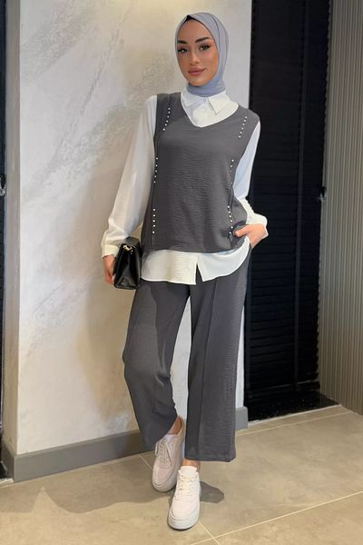 julude Anthracite Pearl Πουκάμισο Πουλόβερ Παντελόνι Hijab Τριπλό Σετ