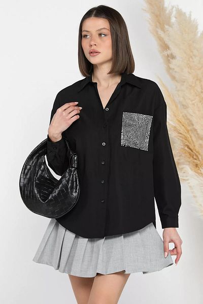 GÜLSELİ Cămașă de damă oversize cu broderie cu piatră neagră