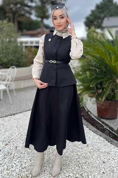 julude طقم مكون من قطعتين من الحجاب بحزام وبروش للنساء باللون الأسود