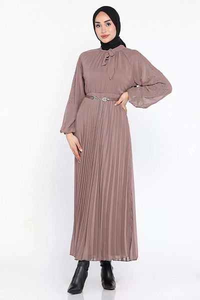 julude Φόρεμα Hijab Chiffon με λεπτομέρεια από πέτρα με κορδόνι με βιζόν