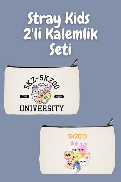 designedfy Stray Kids Skzoo 2-Piece Makeup Bag Advantage Set, Στυλό, Πορτοφόλι, Υφασμάτινη Τσάντα