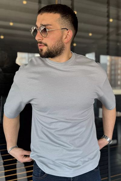 MİSHAR İTALİA Γκρι ανδρικό μπλουζάκι με λαιμόκοψη Basic Oversize