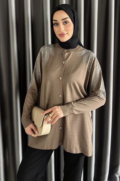 julude Ζακέτα πλεκτό Hijab με κεντημένο κουμπί από πέτρα βιζόν