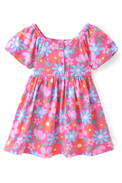 Babyhug فستان Babyhug Single Jersey محبوك بأكمام نصفية مطبوع عليه أزهار مع سروال داخلي - متعدد الألوان