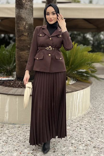 julude Καφέ Γυναικεία Ζώνη Αξεσουάρ Blazer Jacket Φούστα Hijab Διπλό Σετ