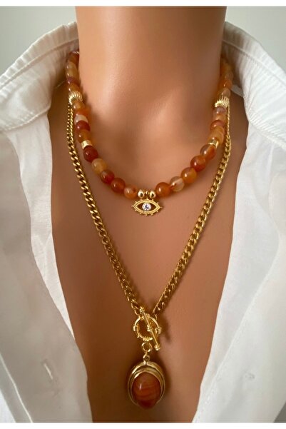 TARZ-I TAKI ( İKİ KOLYE ) Doğal Taş Turuncu Akik Taşı Ve Çelik Zincir Altın K...