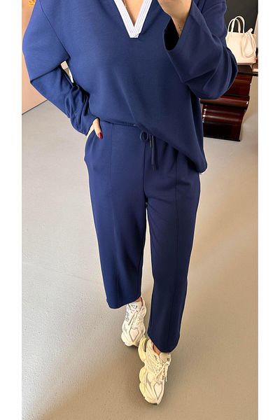 Sezgi Tekin Poplin Detail Navy Blue Modal Sweat Pants Set